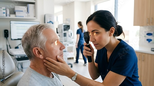 Optometrist examining senior man's eye with ophthalmoscope in clinic