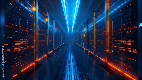 Futuristic data center corridor, dramatic blue lighting, server rack rows glowing orange blue, vanishing point perspective, atmospheric fog, technology concept cinematic render