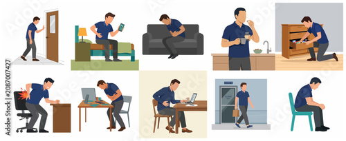 Foto Man suffering from various health problems like stomach ache, back pain, and depression, seeking medical treatment and taking medicine, set of flat vector illustrations