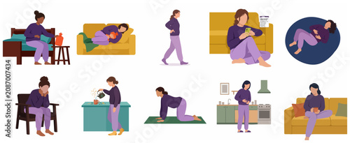 Fotografie Flat vector illustration collection of women experiencing menstrual pain and abd