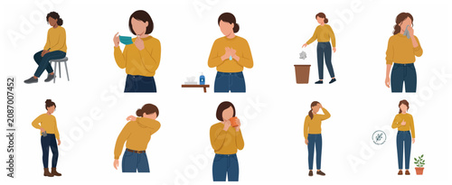 Fotografie Set of flat vector illustrations depicting women practicing hygiene habits and v