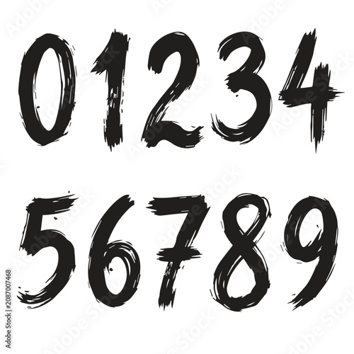 Set of hand painted brush stroke numbers zero through nine with typography