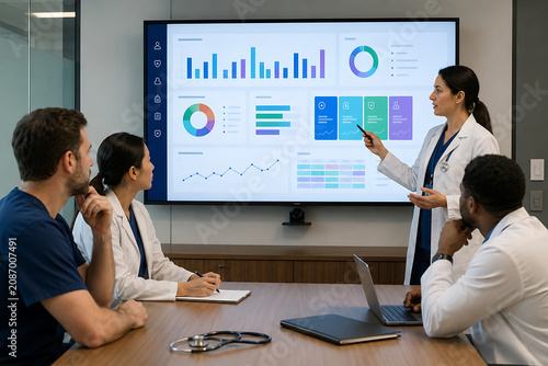 Medical team reviewing digital healthcare dashboard as doctor presents analytics on large screen during clinical meeting with physicians, charts, laptop and stethoscope insights today collaboratively