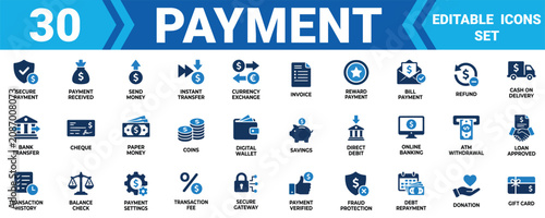 Set of 30 payment and finance icons for business and online shopping web design or mobile application Minimal solid fill icon set bundle collection. Editable Vector Illustration Mega pack