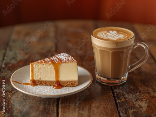 Cheesecake Slice and Latte Coffee with Heart Latte Art on Wooden Table