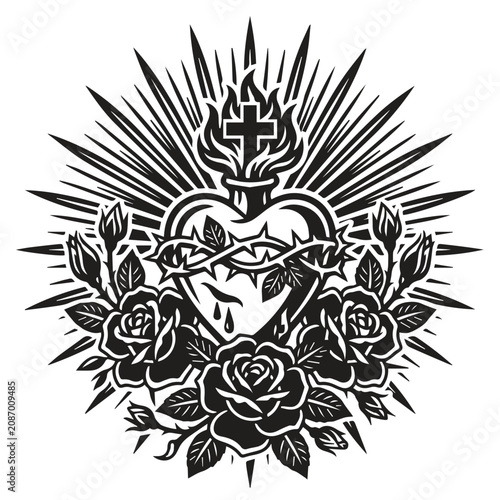 Canvas Print Sacred heart symbol with roses and sunrays linocut style illustration, religious