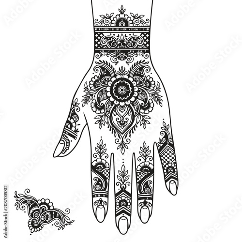 Elaborate henna pattern on hand with ornament hand drawn ornamental intricate