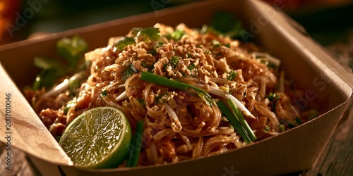 Savory Pad Thai Noodles Takeaway Meal Close-up