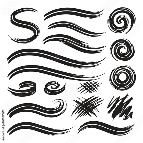 Abstract swirls and curved paint strokes graphic elements set with abstract