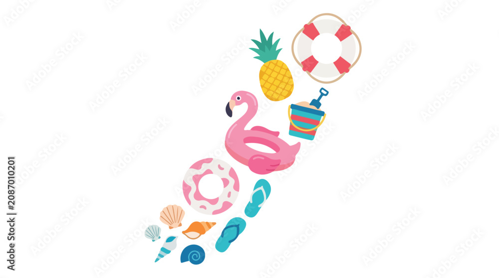 Obraz premium Summer essentials like a flamingo float, pineapple, and seashells arranged diagonally against a plain white background.