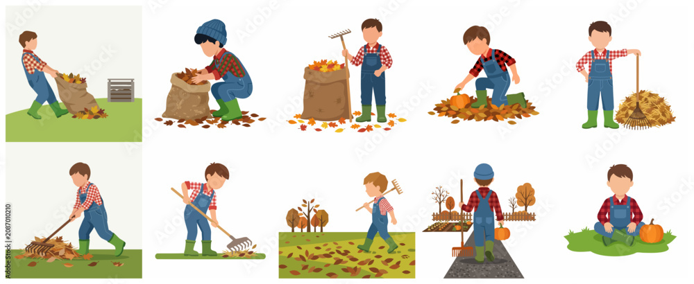 Fototapeta premium Set of Vector Illustrations of a Young Boy Performing Autumn Garden Chores and Raking Leaves
