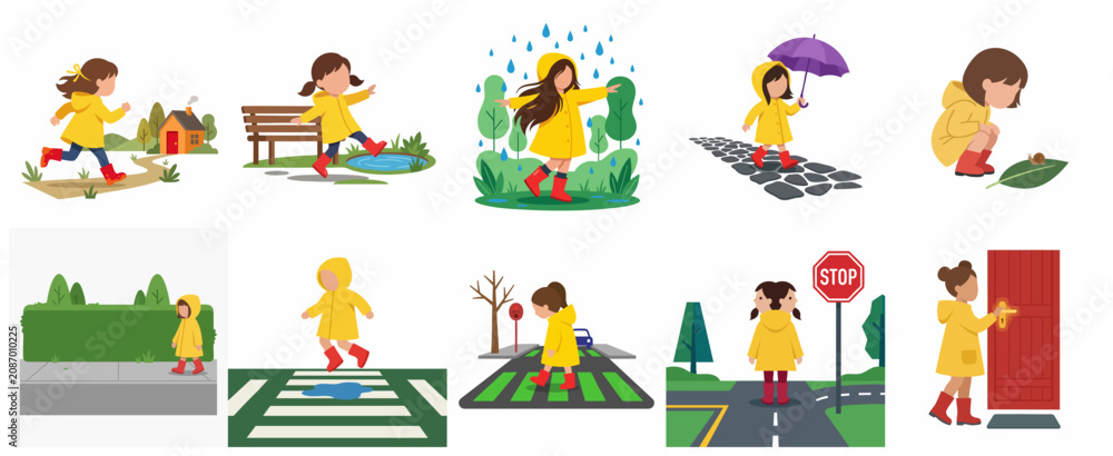 Fototapeta premium Set of flat vector illustrations of a little girl in a yellow raincoat and red boots enjoying rainy day activities, playing outdoors, walking with an umbrella, and learning road safety.