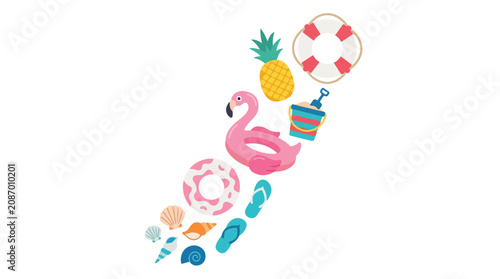 Obraz na plátně Summer essentials like a flamingo float, pineapple, and seashells arranged diagonally against a plain white background