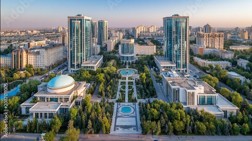  Aerial panorama of Tashkent city centre with contemporary skyscrapers and modern urban skyline, Uzbekistan