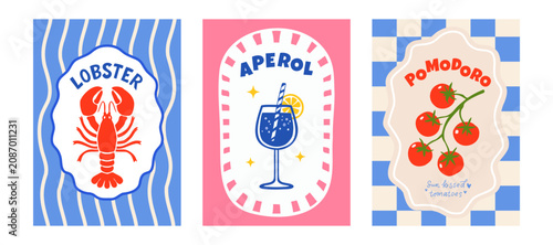 Retro food posters vector. Mediterranean kitchen art prints collection. Lobster aperol cocktail and pomodoro tomatoes set. Trendy Italian summer aesthetic graphic cards
