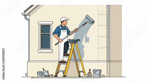Professional Painter Painting House Exterior Wall on a Ladder