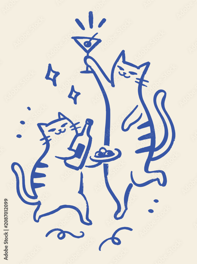 Fototapeta premium Party Cats Naive Abstract Doodle Vector Illustration