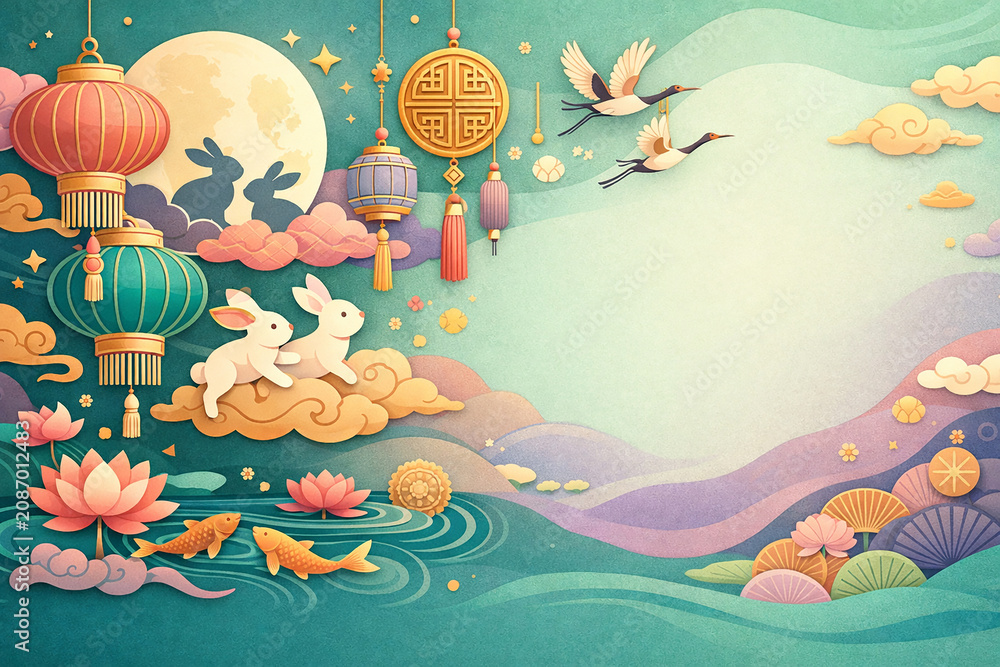 Fototapeta premium Colorful Mid Autumn Festival Landscape With Moon Rabbits