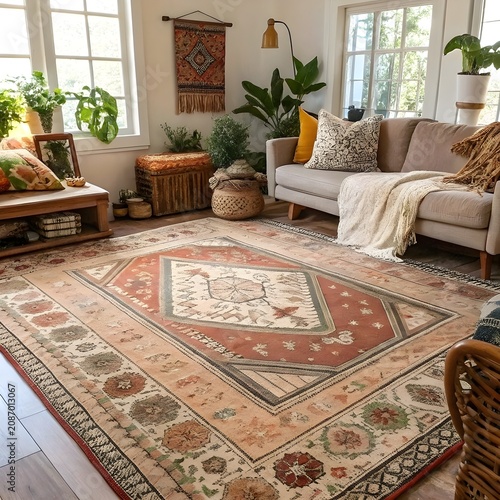 Bohemian elegant living room interior with cozy rug, sofa, and plants for home decor