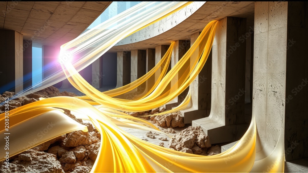Fototapeta premium Concrete pillars support structure. Bright light streaks flow through space, illuminating rubble below. Dramatic perspective creates depth.