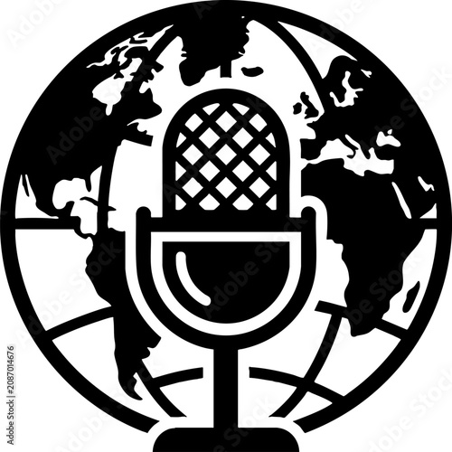 Global podcast and broadcasting icon with microphone and world map