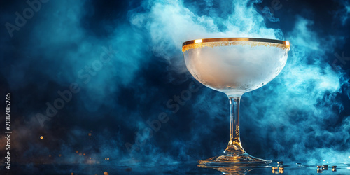 Smoky cocktail glass, gold rim, blue fog, luxury drink, evening ambiance