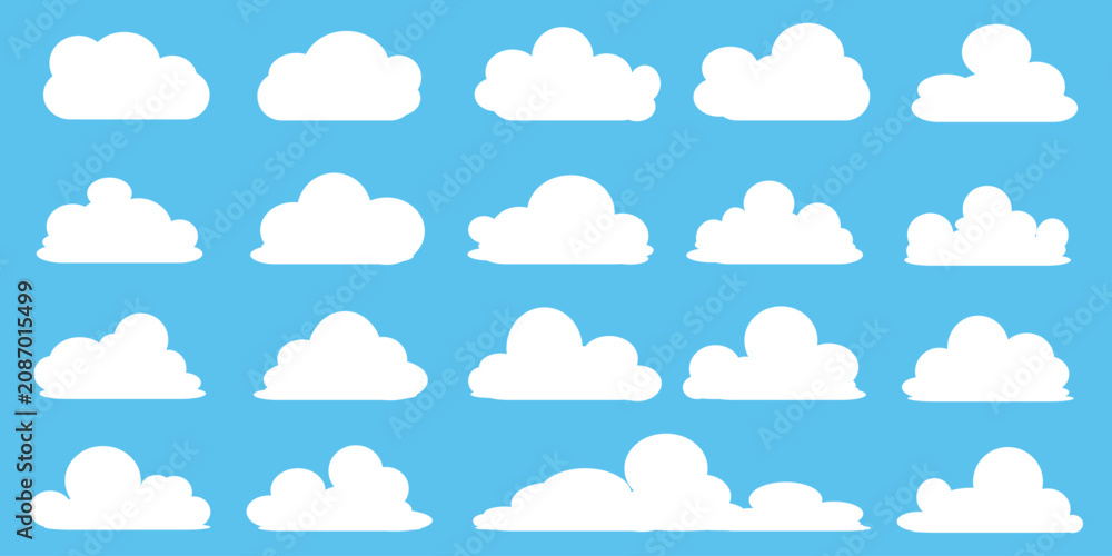 Fototapeta premium set of vector illustrations of clumpy clouds, cloud bubbles in flat style on a blue background