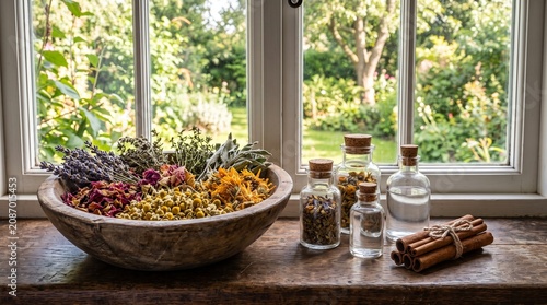 Herbal ingredients and natural remedies in a rustic setting