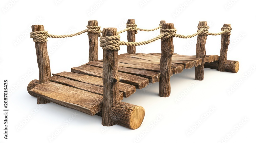 Obraz premium Rustic wooden footbridge with rope railings, isolated on a white background. Perfect for conveying concepts of transition, connection, or outdoor adventure.