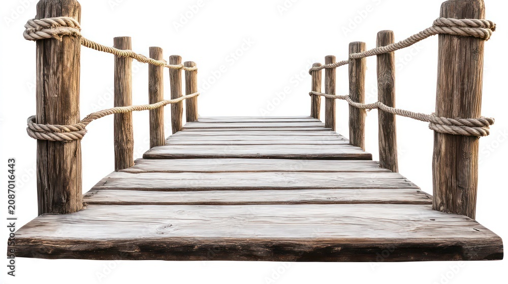 Obraz premium Rustic wooden footbridge with rope railings, isolated on a white background. Perfect for conveying concepts of transition, connection, or outdoor adventure.