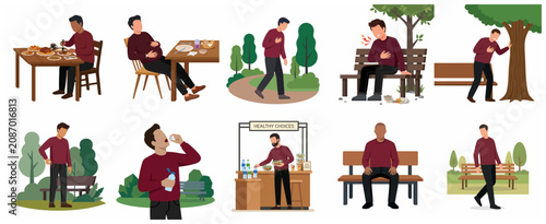 Foto Vector illustration set showing a man suffering from heartburn and chest pain after overeating, taking medication, and transitioning to a healthy lifestyle with proper nutrition