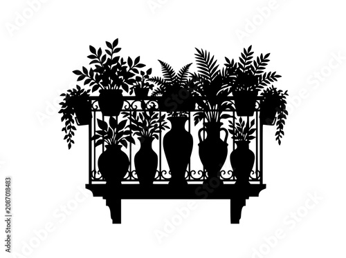 Silhouette of Potted Plants and Flowers on a Decorative Balcony Railing