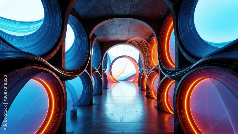 Fototapeta premium Futuristic corridor. Blue, orange lighting creates dramatic perspective. Smooth curves define space, evoking modern design aesthetic.