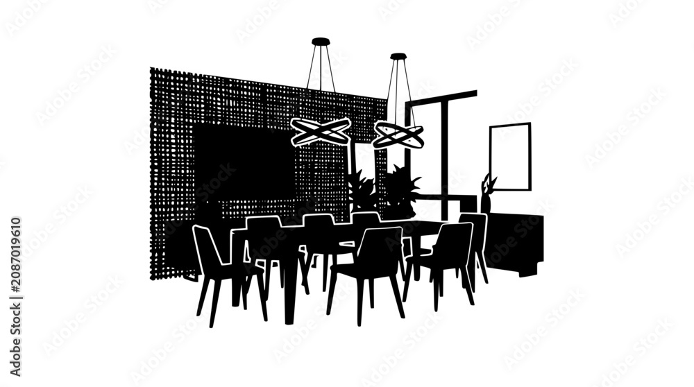 Obraz premium Modern dining room interior silhouette with furniture and lighting