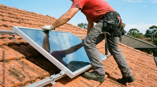 Professional worker installing solar panel on a tiled residential roof