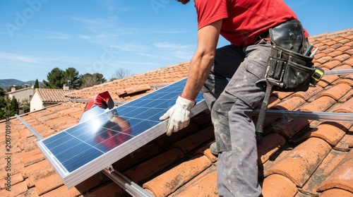 Professional worker installing solar panels on a residential tiled roof