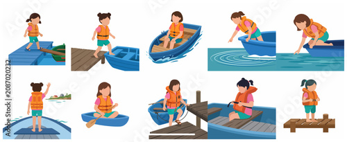 Fotografía Vector set of a little girl wearing a life jacket participating in various boat