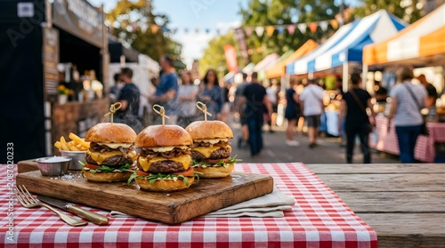 Three gourmet cheeseburgers served on a wooden board at a food festival
