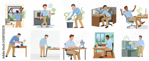 Photos Set of office illustrations depicting employees dealing with bad smells, unpleasant food odors, and air quality issues in the workplace