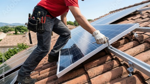 Professional solar panel installation on a residential tiled roof
