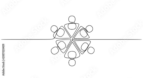 Continuous line drawing of diverse people sitting in a circle, teamwork and unity concept