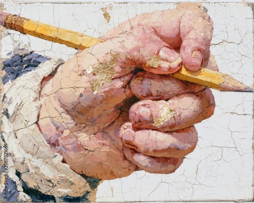 Textured Hand Holding Pencil, Impasto Painting Style