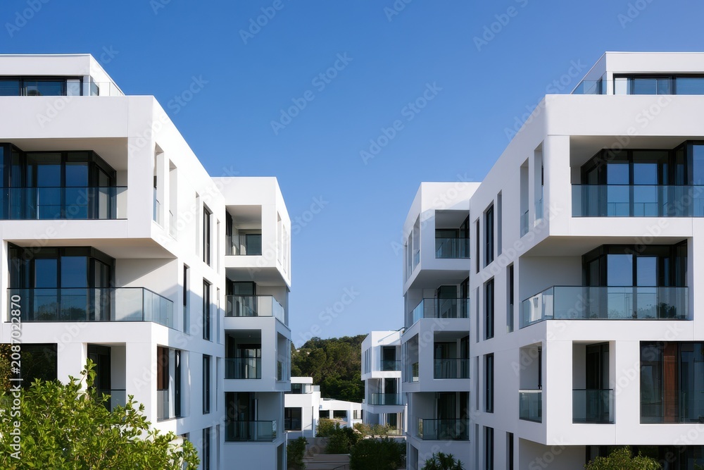 Fototapeta premium Modern white minimalist apartment buildings with glass balconies under a clear blue sky