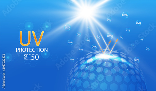 Abstract UV protection sphere with transparent dome shield. Sun light blocked by glass barrier, skin protect concept on blue background. Vector illustration.
