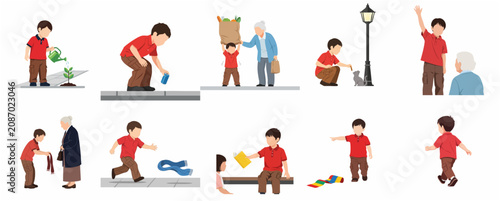 Tablou pe pânză Vector illustration of a polite boy performing various acts of kindness and show