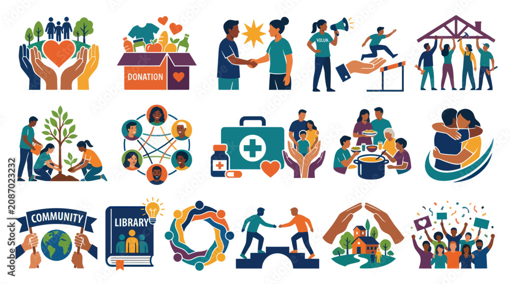 Naklejka premium Modern Flat Vector Icons: Community Support, Social Issues, Charity, Volunteering and Development Concepts