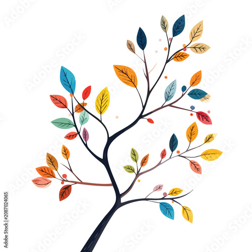 Artistic watercolor illustration of a tree branch with colorful autumn leaves.