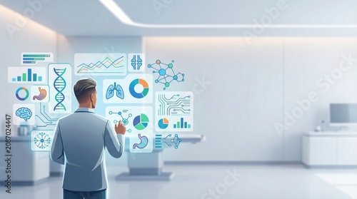 Doctor interacting with futuristic holographic medical interface, digital health data visualization, DNA structure and organ analysis in laboratory