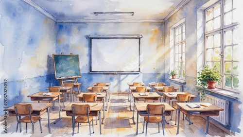 Empty classroom with student desks and chairs featuring sunlight streaming through large windows in vintage watercolor style.