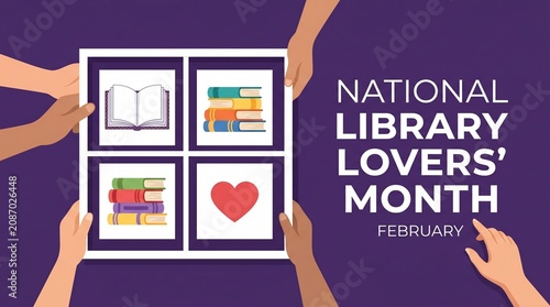 Hands holding library lovers month illustration